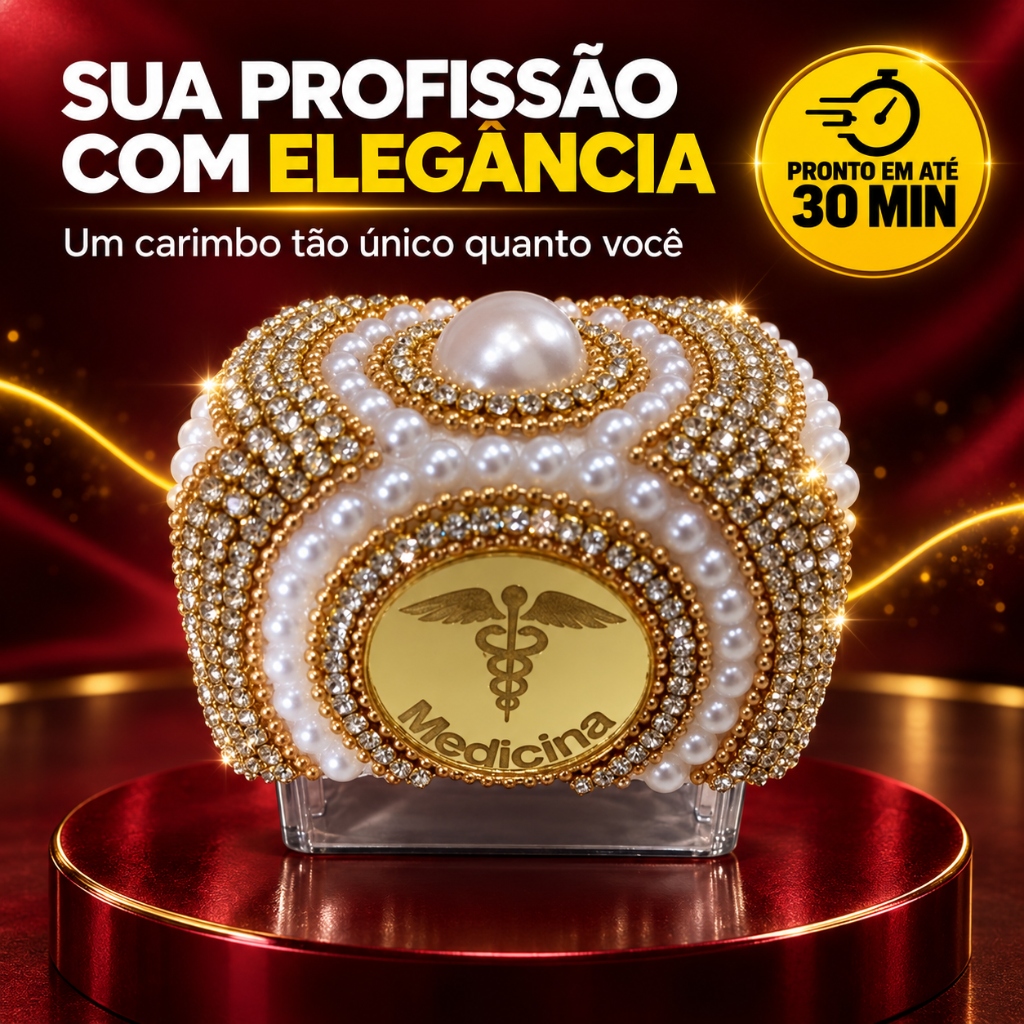 Carimbo Luxo Medicina com Pérolas e Strass Dourado - Carimbos Flash Araruama